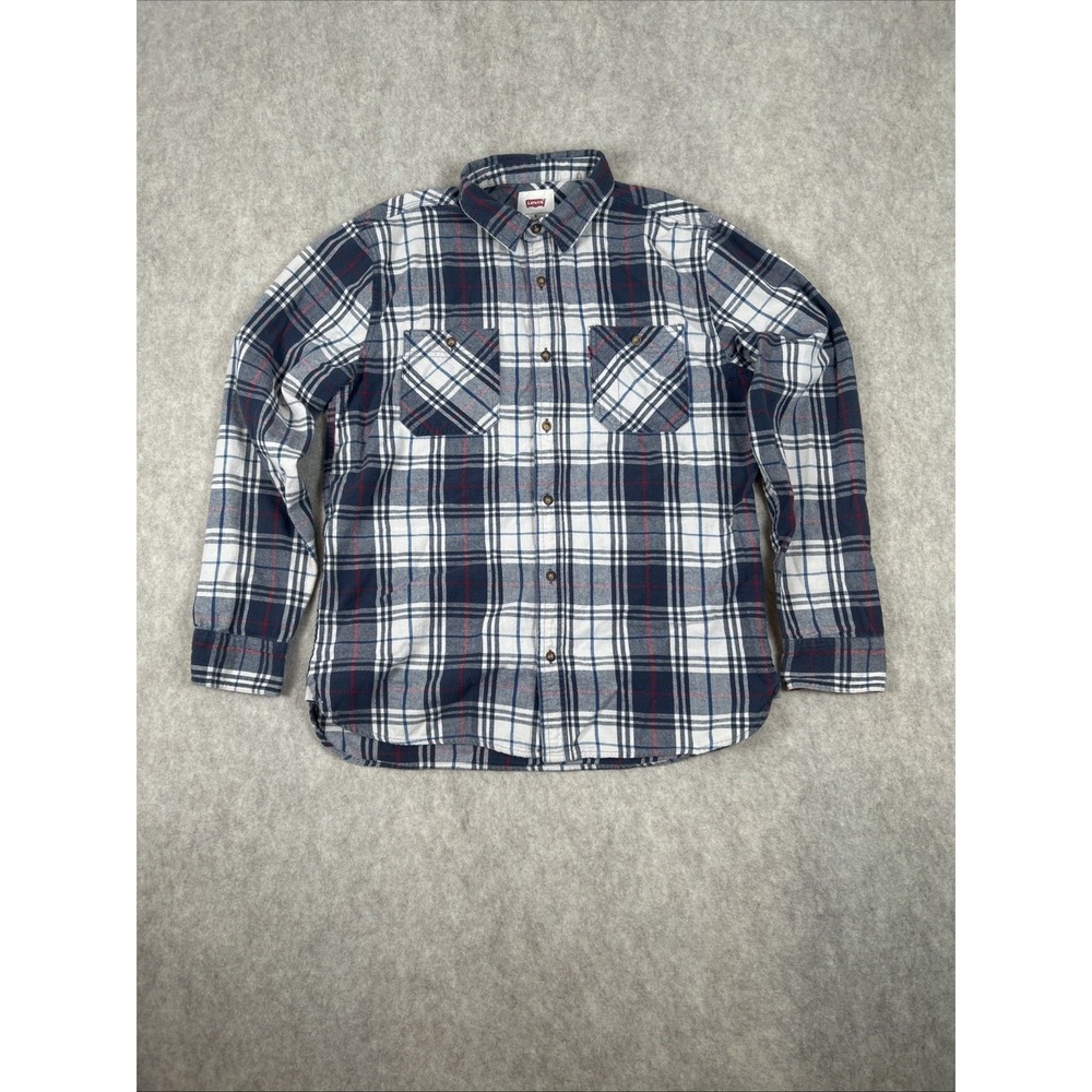Levis Plaid Flannel Shirt Mens Medium Multicolored 100% Cotton Blue/Red/White